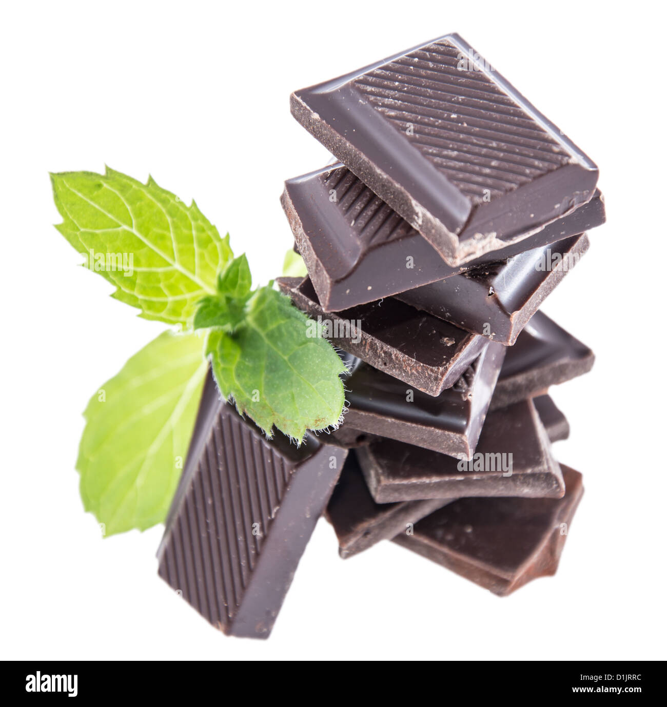 Schokolade mit Minze isoliert auf weißem Hintergrund Stockfoto