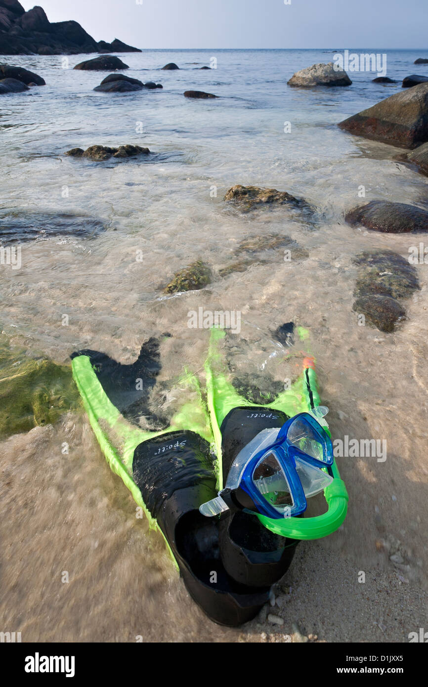 Schnorchel Maske und Flossen. Pigeon Island. Trincomale. Sri Lanka Stockfoto