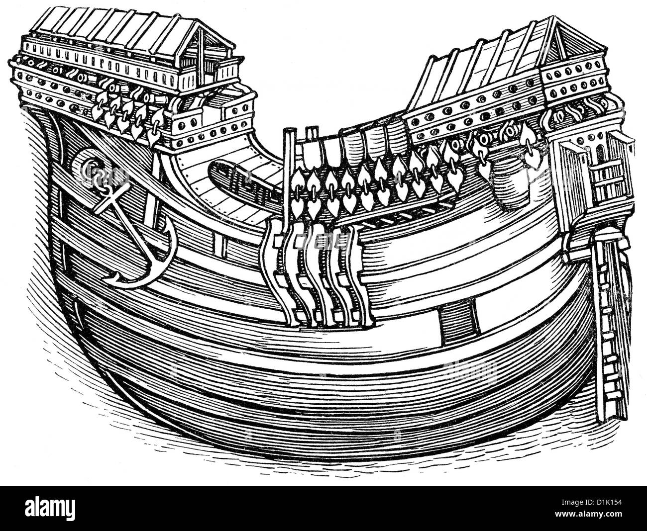 Historische Zeichnung der Rumpf eines Schiffes, Schiff von einer ostindischen Explorer, ein Schiff der niederländischen Ostindien-Kompanie, 16. Jahrhundert, Stockfoto