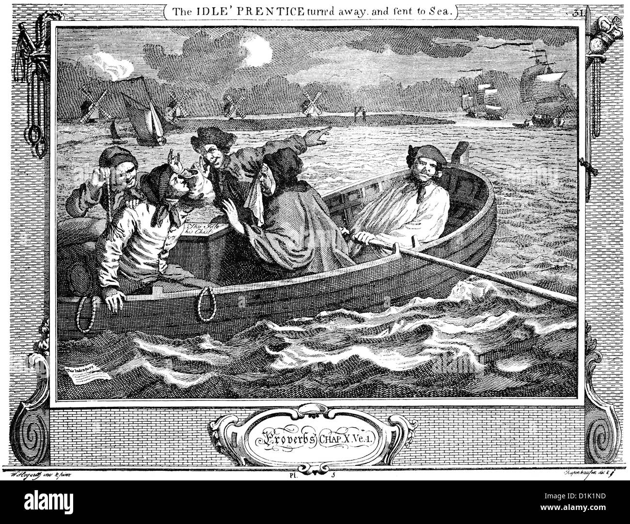 Die Einschiffung eines Mannes auf einem Schiff der Osten Indiens Unternehmen, Niederlande, 18. Jahrhundert, von William Hogarth 1697-1764, Stockfoto