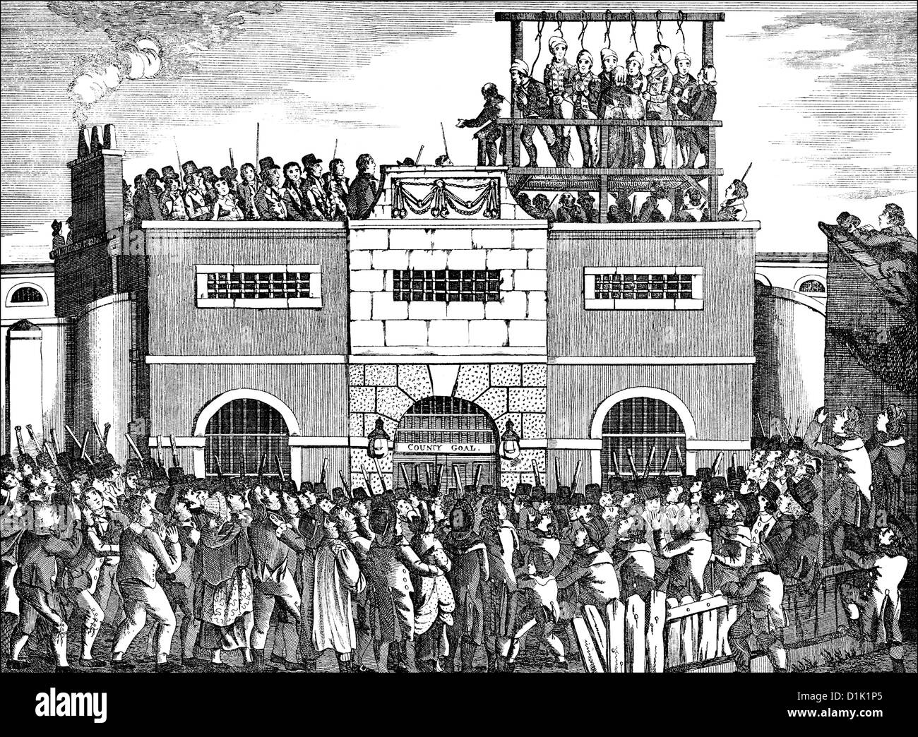 öffentliche Hinrichtung durch den Strang am Ende des 18. Jahrhunderts in England, Stockfoto