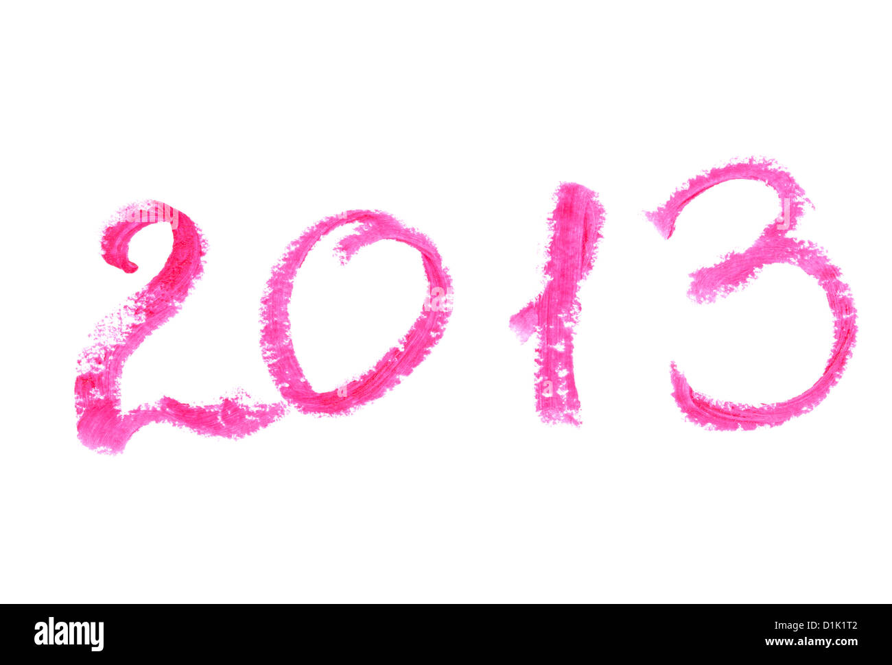 2013 mit Lippenstift isoliert auf weißem Hintergrund geschrieben Stockfoto