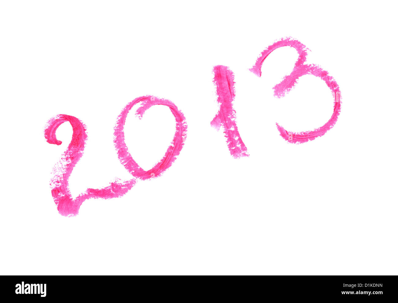 2013 mit Lippenstift isoliert auf weißem Hintergrund geschrieben Stockfoto