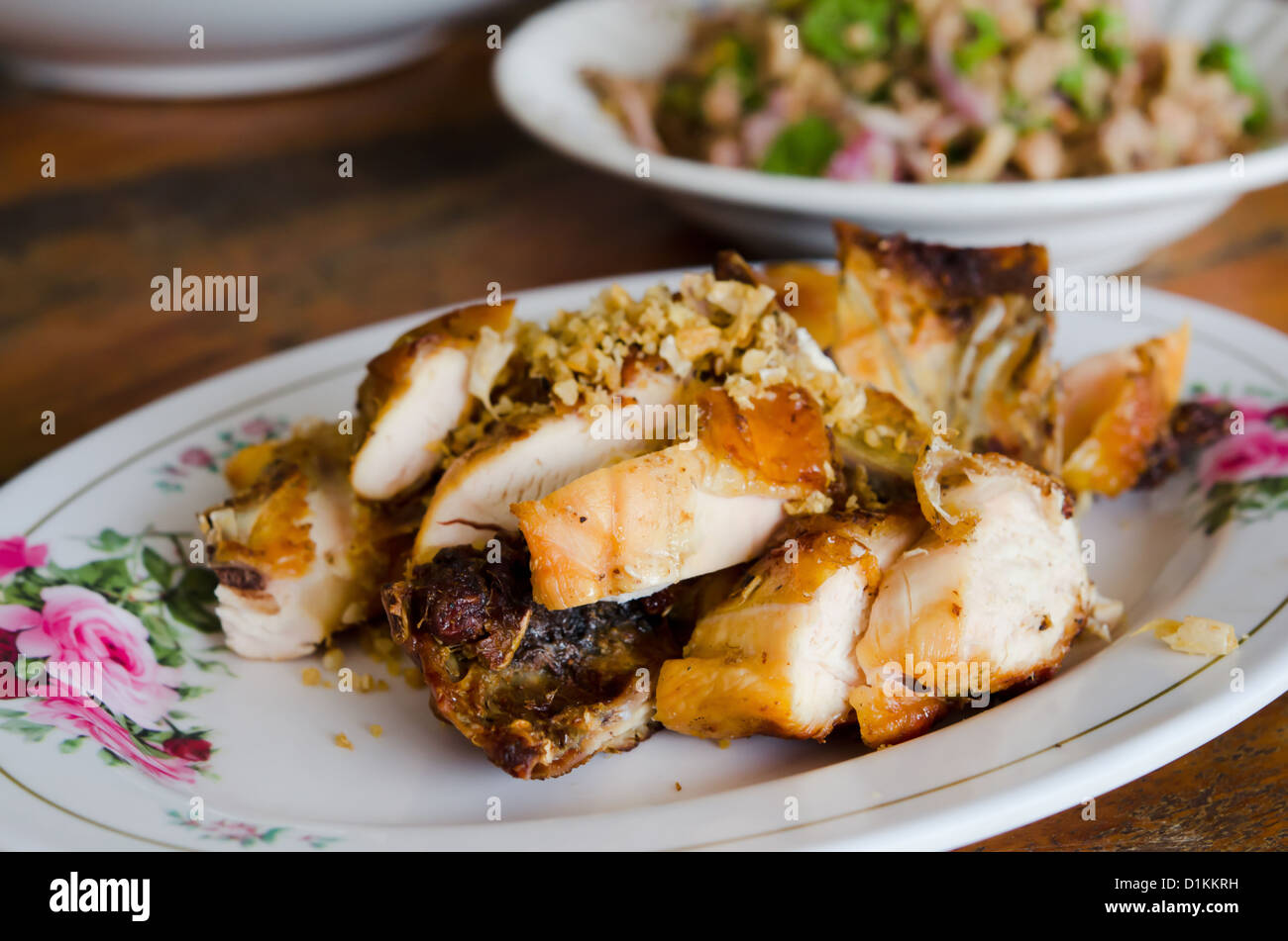 Gegrilltes Huhn mit gebratenem Knoblauch, thai Küche Stockfoto