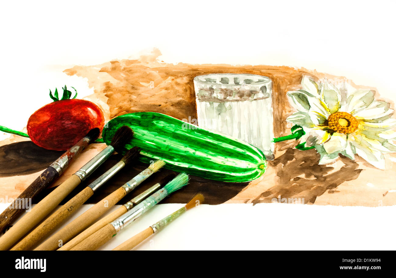 Aquarell und Pinsel Stockfoto