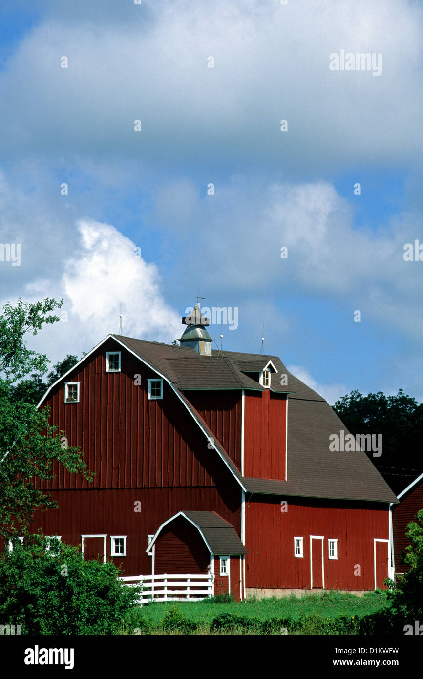 FRISCH GESTRICHENE ROTE SCHEUNE IN DER NÄHE VON KALK FEDERN, N.E. IOWA, VEREINIGTE STAATEN VON AMERIKA  SOMMER. Stockfoto