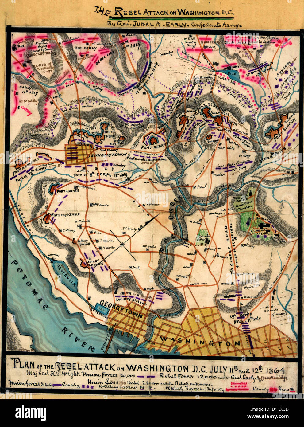 Karte der Plan, der dem Rebellenangriff auf Washington, DC, 11. & 12. Juli 1864, USA Bürgerkrieg Stockfoto