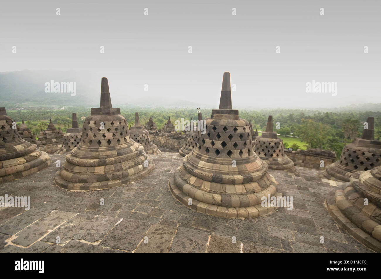 Indonesien, Java, Borobudur, Tempel Borobudur (Sailendra-Dynastie, 750-850 n. Chr.), verdecken Stupas, jeder mit Buddha Stockfoto