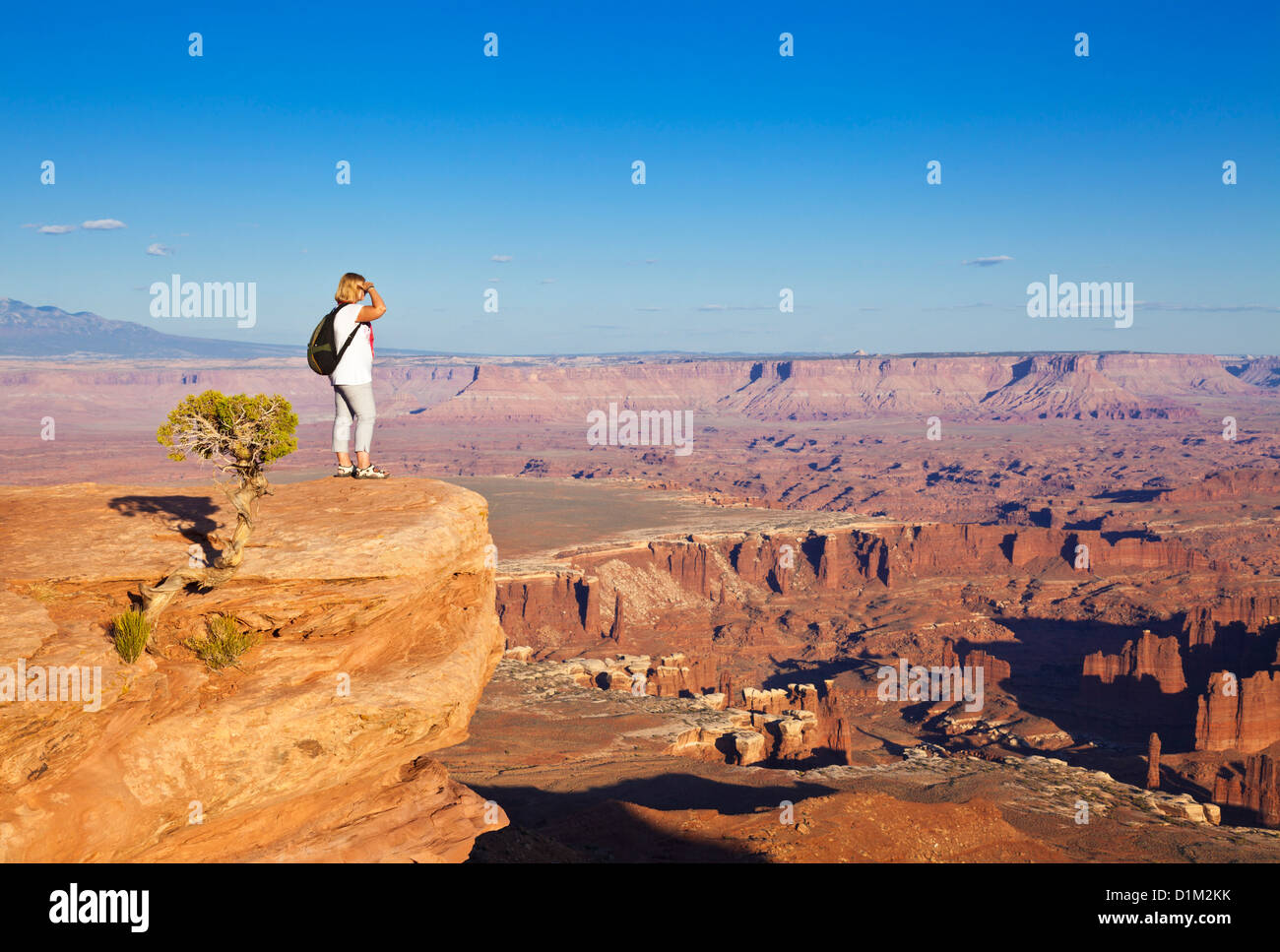 Frau Wanderer stehend auf Grand View Point mit Blick auf Insel in den Himmel, Canyonlands National Park, Utah, Vereinigte Staaten von Amerika Stockfoto