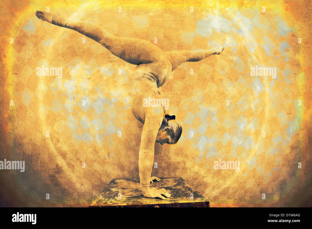 Weibliche Acrobat in einem kreisförmigen Handstand. Foto basierte gemischten Datenträger-Abbild. Stockfoto