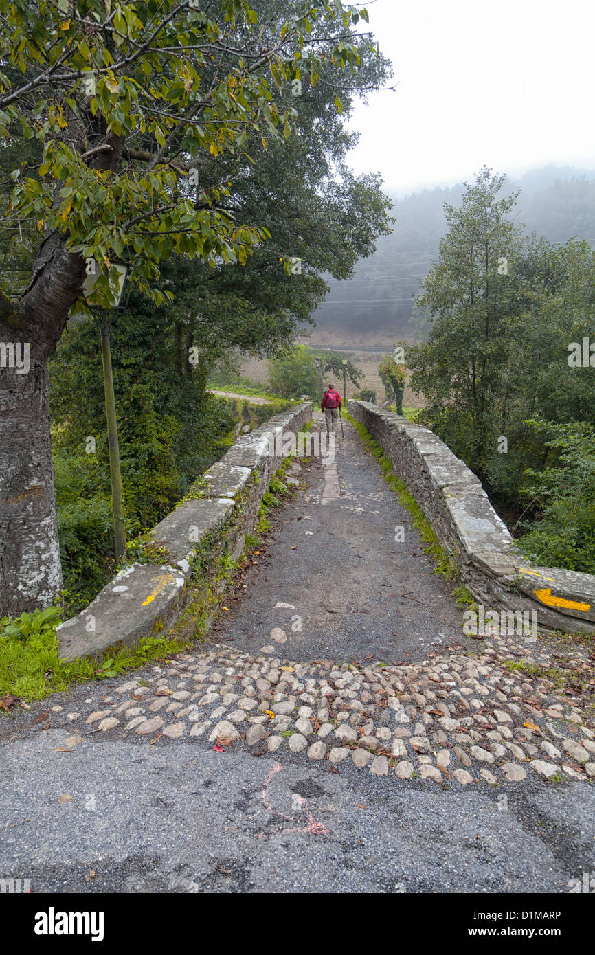 Alte steinerne Römerbrücke markiert mit dem gelben Pfeil Weg von St. James Camino Santiago De Compostela Pilger-Route Stockfoto