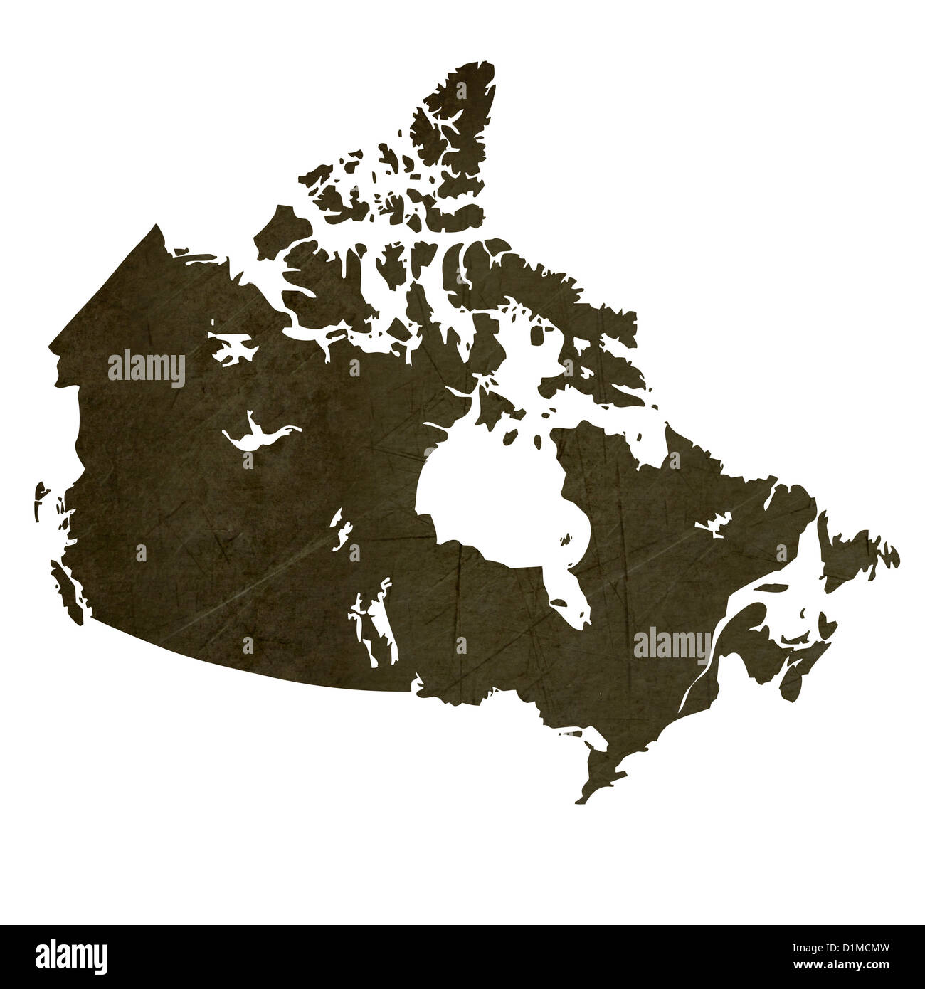 Dunkle Silhouette und strukturierte Karte von Kanada isoliert auf weißem Hintergrund. Stockfoto