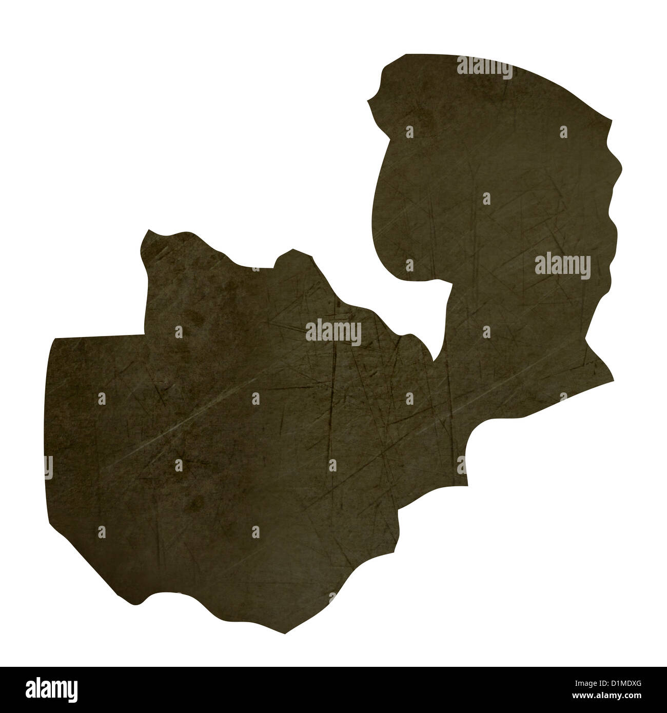 Dunkle Silhouette und strukturierte Karte von Sambia isoliert auf weißem Hintergrund. Stockfoto