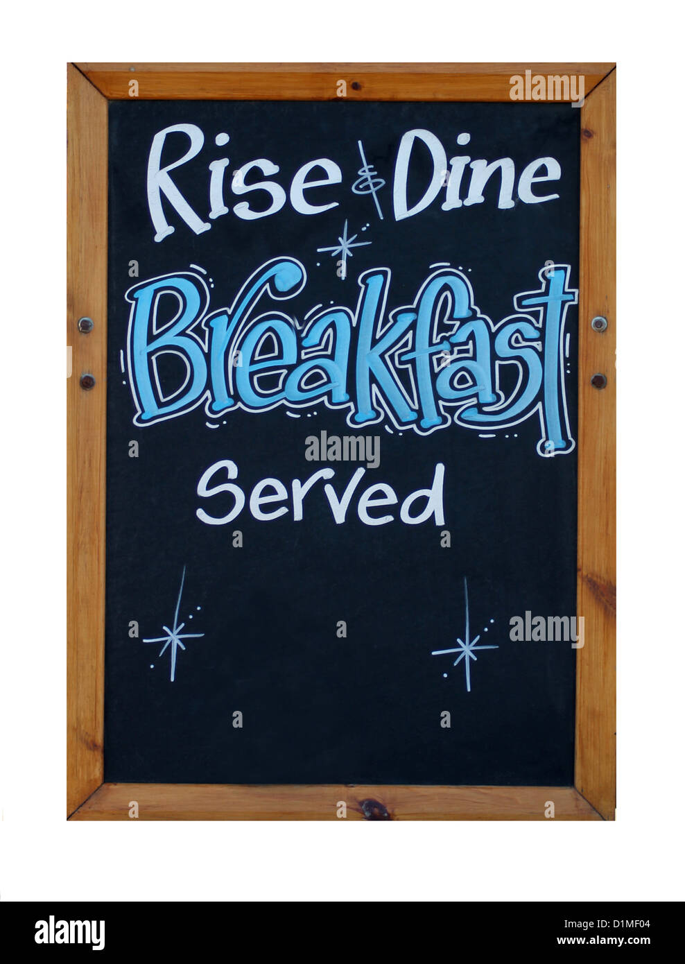 Steigen Sie und Speisen Sie Frühstück Zeichen isoliert auf weißem Hintergrund mit Textfreiraum. Stockfoto