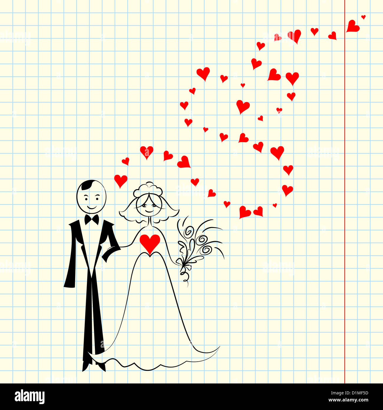 Hochzeitskarte: zeichnen Sie ein Bild mit der Braut und Bräutigam in der Schule ein Stück Schrott Stockfoto
