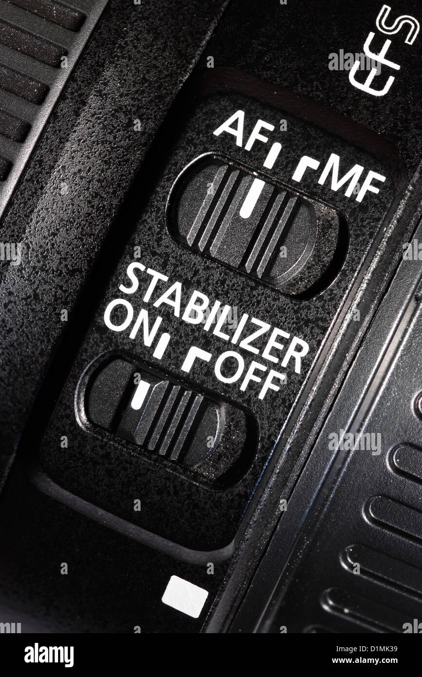 Canon EFS 55-250mm AF/MF und Stabilisator on/off Schalter Stockfoto