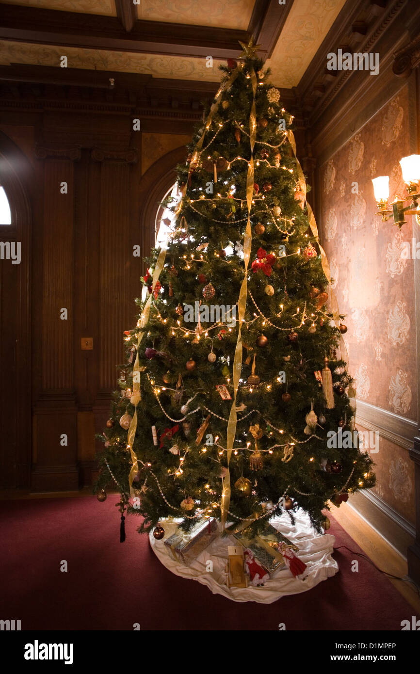 Weihnachtsbaum in der Aula in Plum Obstgarten Herrenhaus auf Cumberland Island National Seashore Stockfoto