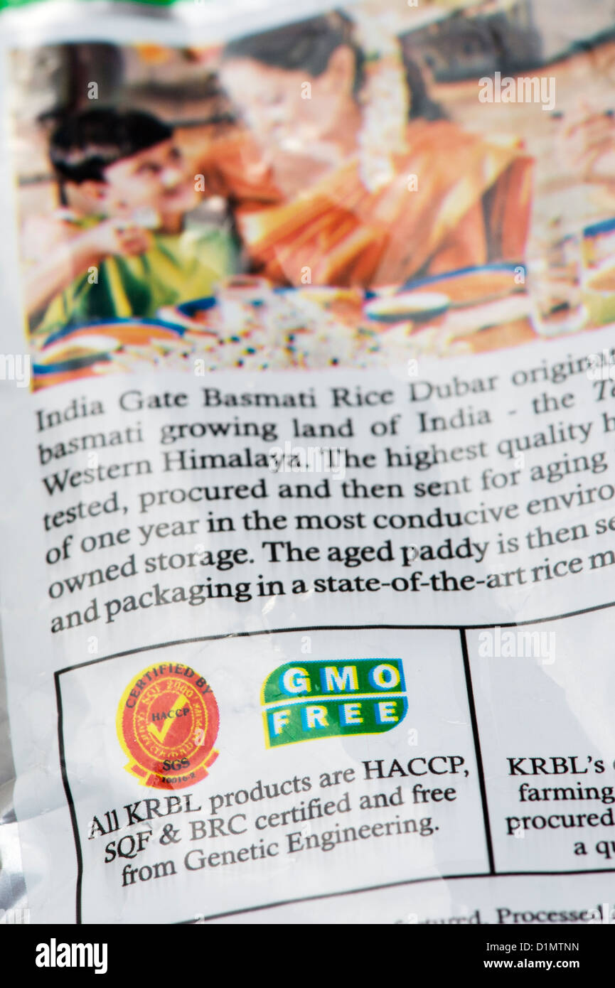 Indische Genetisch veränderter Organismus frei, Paket essen Label. Gentechnikfreie Stockfoto
