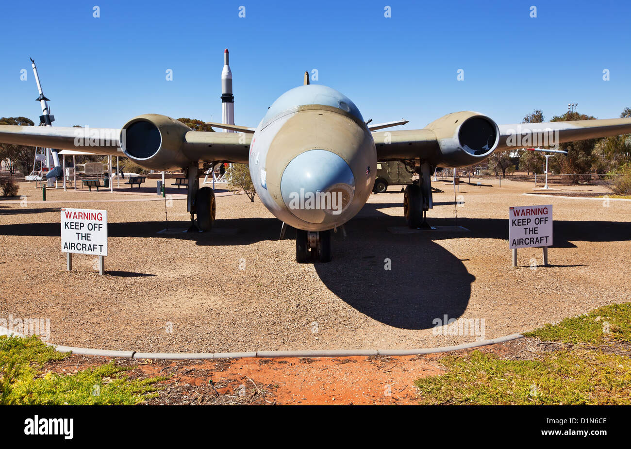Raketen historischen Schatten Park Geschichte Rakete Heritage Park Woomera South Australia Meteor Düsenjäger Raketenflugzeug anzeigen Stockfoto