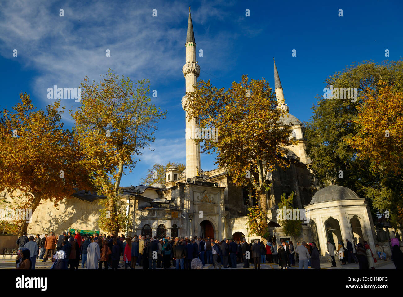 Menge nach grünen Kästchen im Trauerzug bei Eyüp Sultan Moschee Istanbul-Türkei Stockfoto