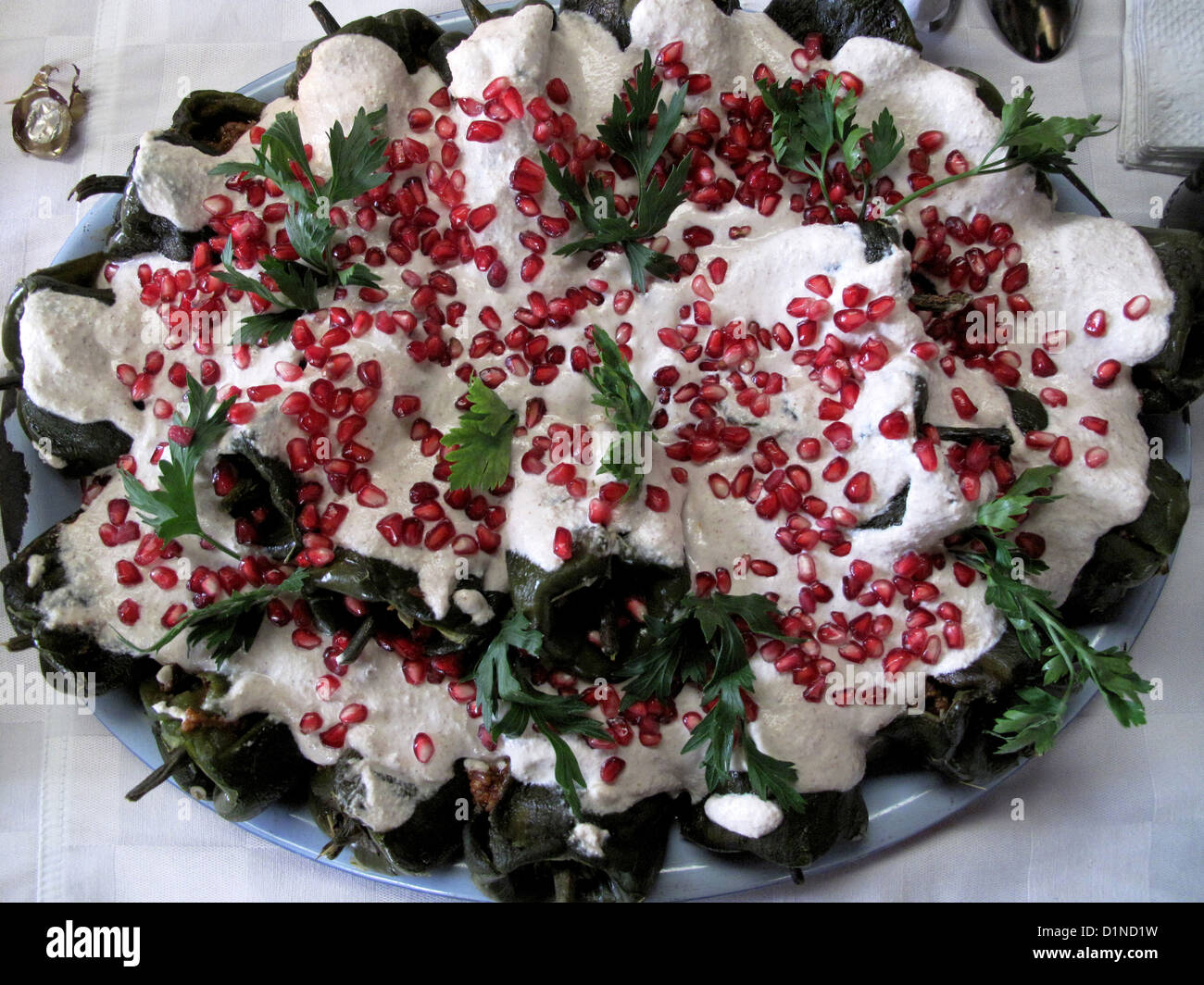 Abendessen von Chiles En Nogada (Chilis in Walnuss-Sauce), ein traditionelles mexikanisches Gericht in einem Haus von Mexiko-Stadt, Mexiko Stockfoto