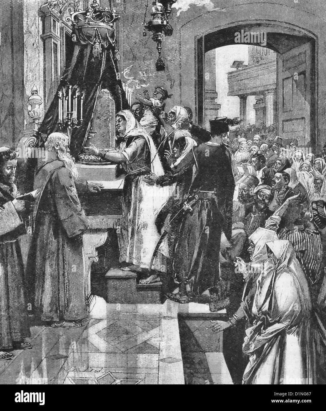 Gründonnerstag in der Kirche des Heiligen Grabes in Jerusalem - küssen die Spalte, an dem Christus, ca. 1895 FLAGELLATED war Stockfoto