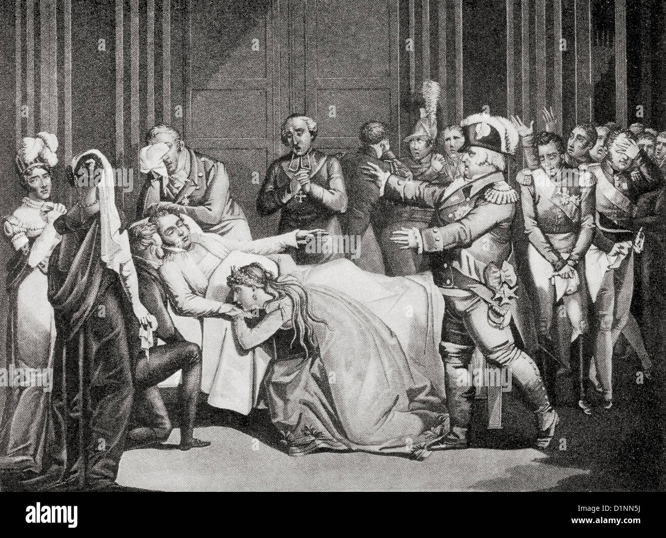 Die letzten Momente des Herzogs von Berry nach 1820 in Paris erstochen wird. Stockfoto