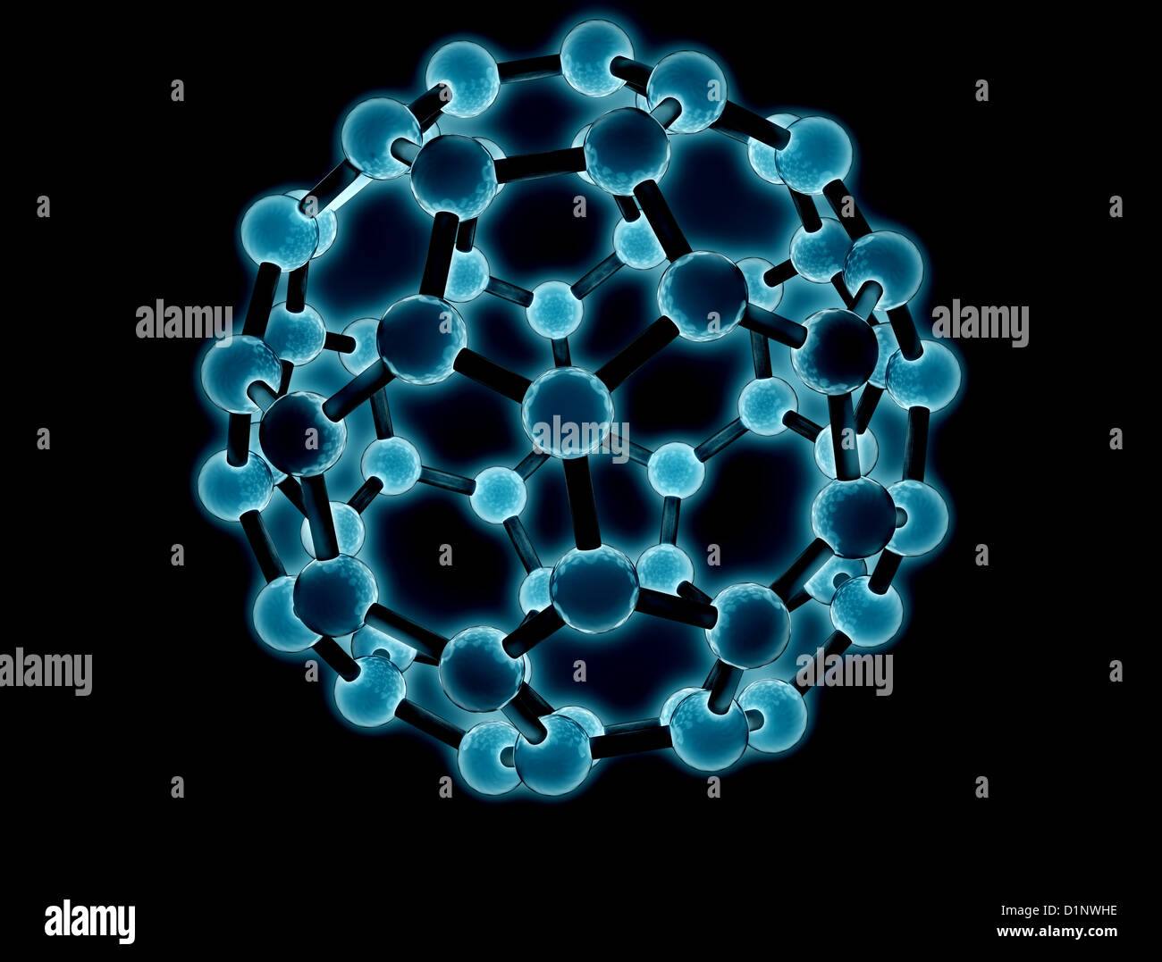 Glühende Molekül auf schwarzem Hintergrund Stockfoto