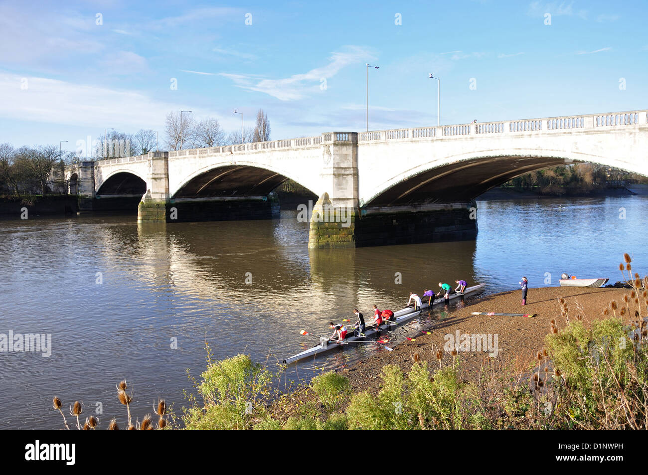 Ruderer von Chiswick Bridge, Chiswick, London Borough of Hounslow, London, Greater London, England, Vereinigtes Königreich Stockfoto