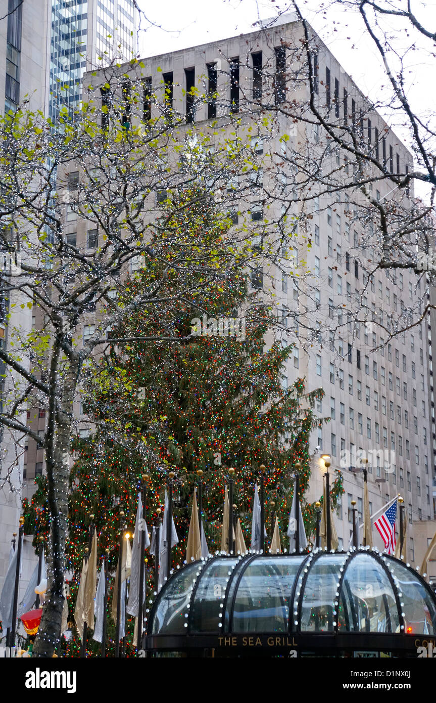 Touristen kommen, um den Baum am Rockefeller Center sehen jedes Jahr zu Weihnachten in New York City, New York. Stockfoto