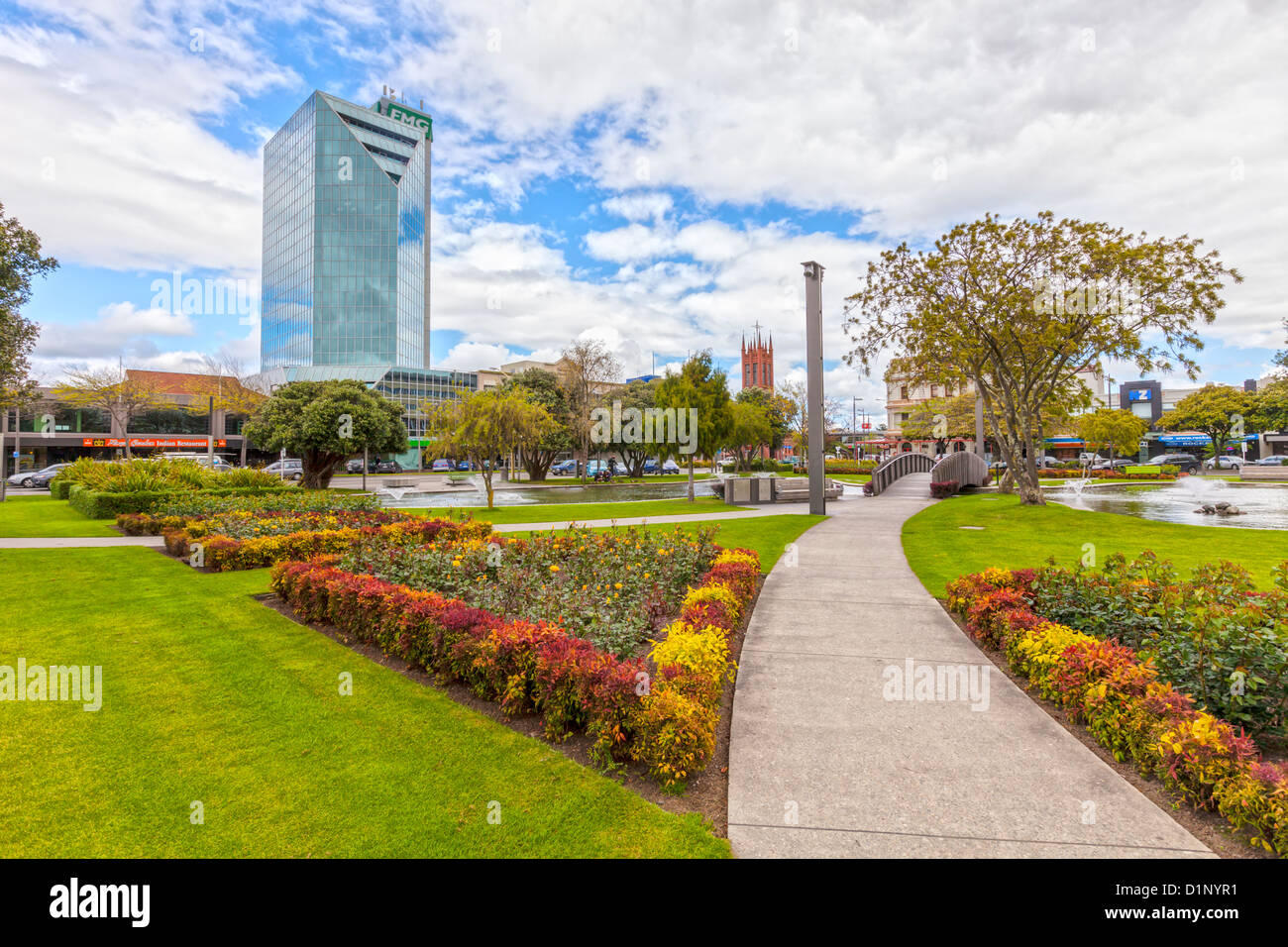 Palmerston North, dem Stadtzentrum und Gärten im Sommer. Stockfoto