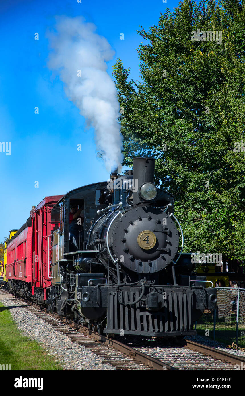 Der Holzfäller Steam Train in Laona, Wisconsin ist ein Vintage Dampfzug bringt Besucher zum Camp 5 Anmeldung Camp Museum. Stockfoto