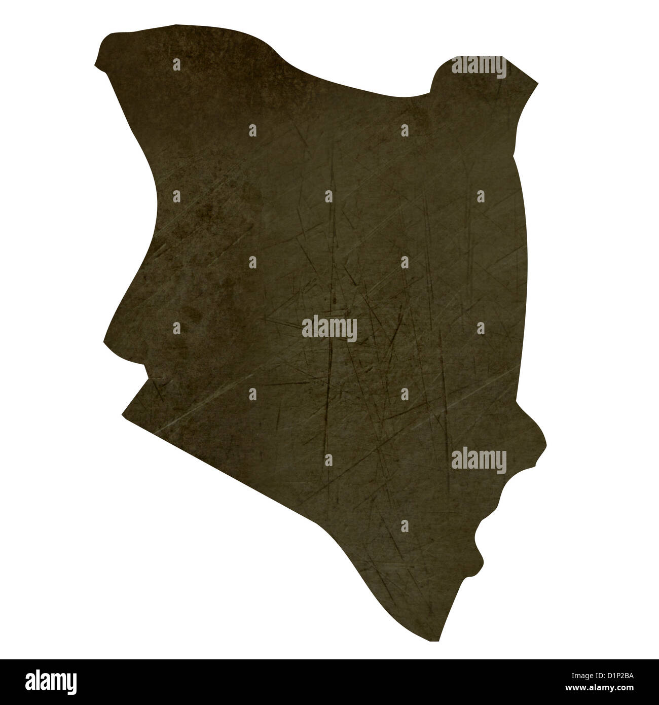 Dunkle Silhouette und strukturierten Landkarte von Kenia isoliert auf weißem Hintergrund. Stockfoto