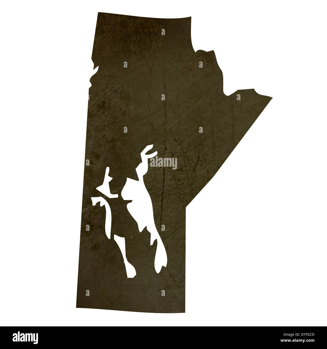 Dunkle Silhouette und strukturierte Karte von Manitoba Provinz von Kanada isoliert auf weißem Hintergrund. Stockfoto