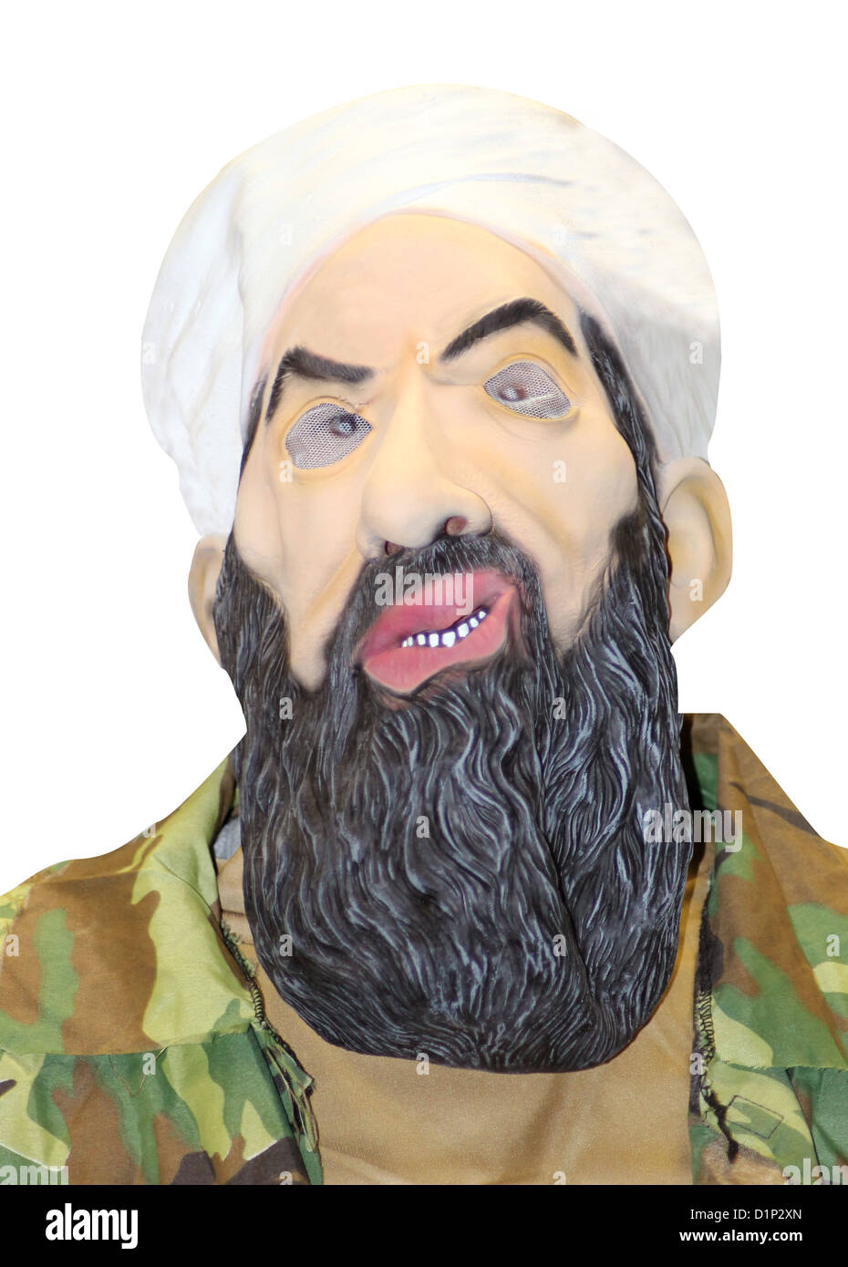 Porträt der Person in der Maske von Osama Bin Laden, weiße Studio-Hintergrund. Stockfoto
