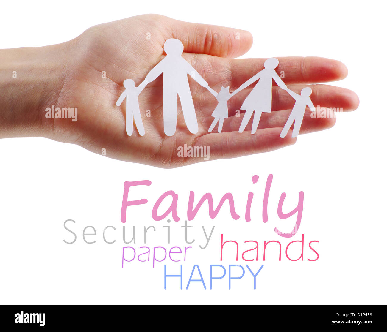 Papier-Familie in Händen isoliert auf weißem Hintergrund Stockfoto