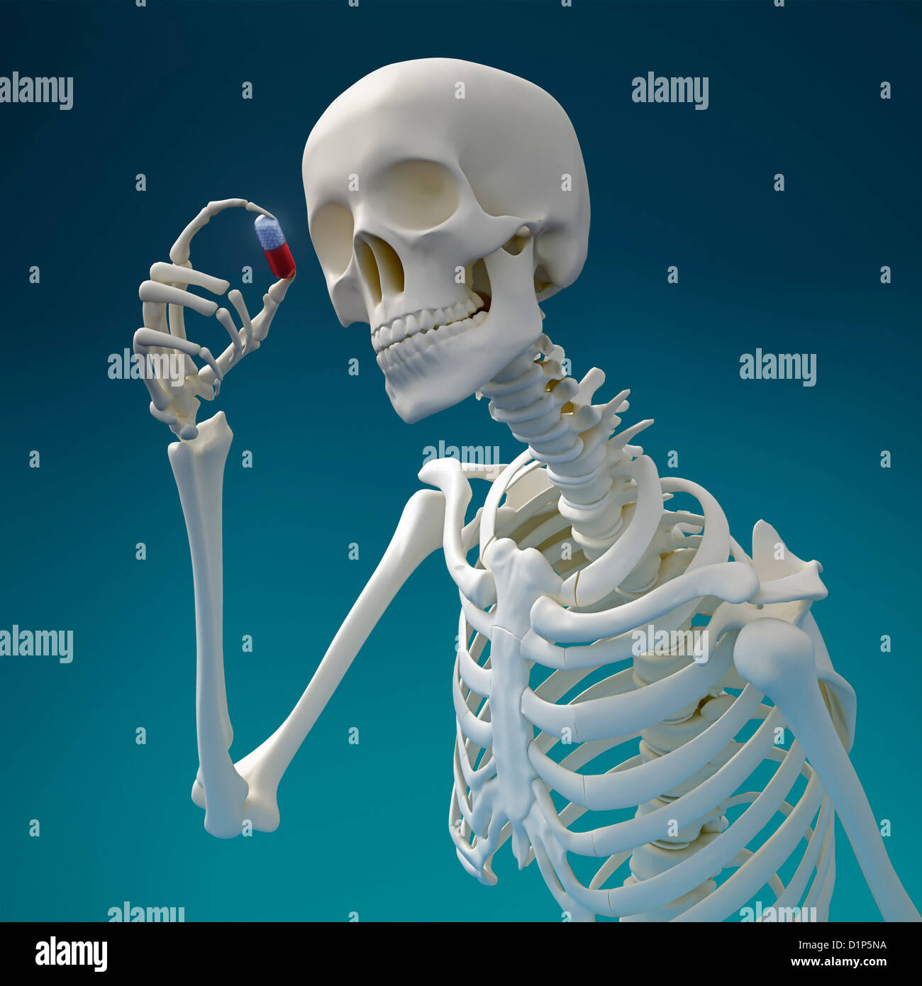 Skelett mit Pille, Kunstwerk Stockfoto