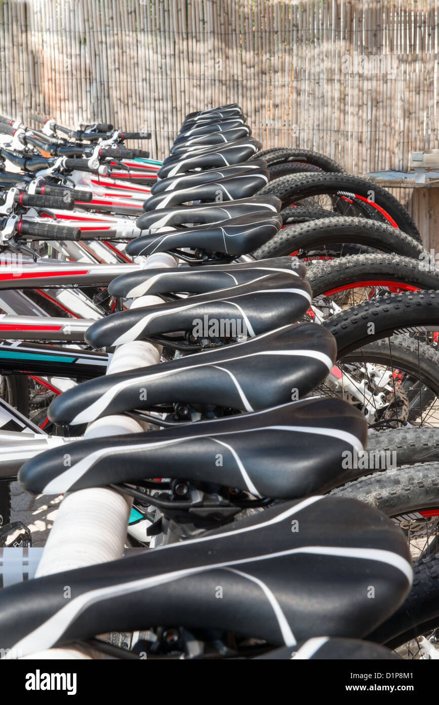 Reihe von Fahrrädern in einem rack Stockfoto