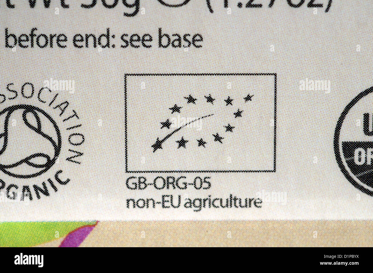 Nicht-EU-Landwirtschaft-Symbol auf Tulsi Tee Verpackung. Stockfoto