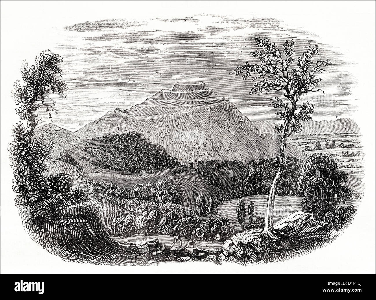 Herefordshire Beacon aka britischen Lager. Viktorianische Abbildung Holzschnitt, Kupferstich ca. 1845 Stockfoto