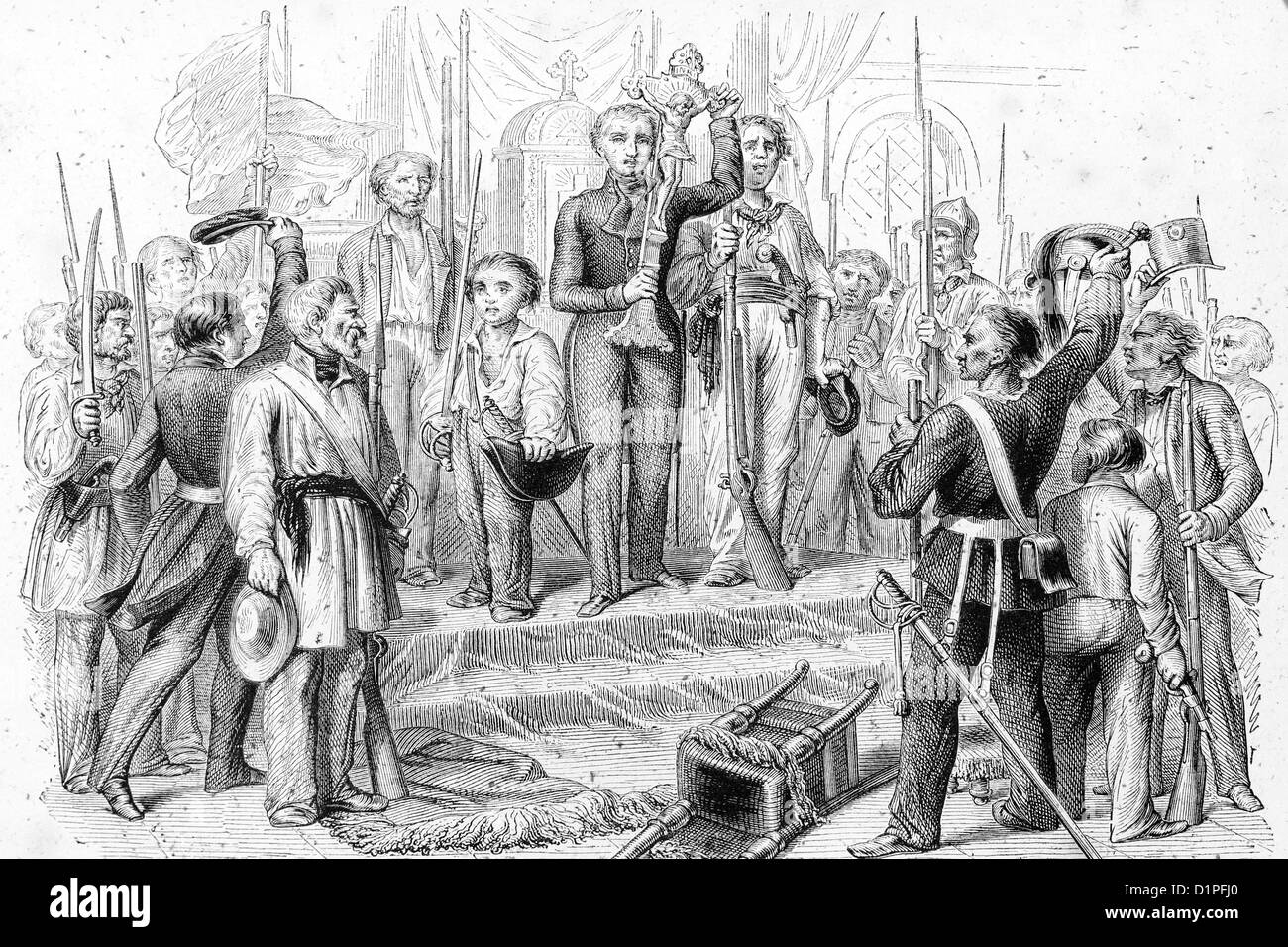 Französische Revolution von 1848. Ein Kruzifix wird angefeuert. Antike Darstellung, 1856. Stockfoto