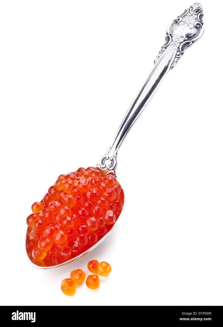 Löffel von rotem Kaviar isoliert auf weißem Hintergrund Stockfoto