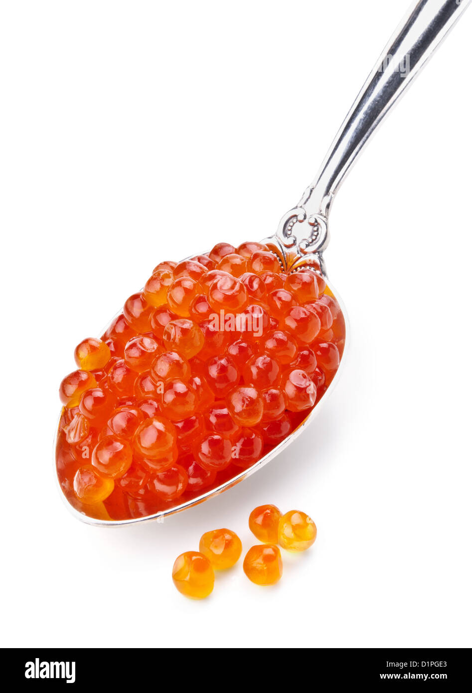 Löffel von rotem Kaviar auf weißem Hintergrund Stockfoto