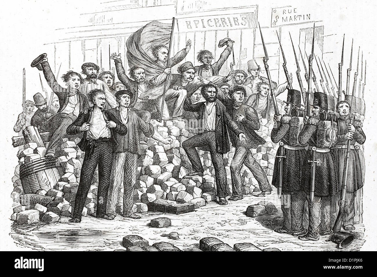Französische Revolution, die Barrikaden. 1830. Antike Darstellung, 1855. Stockfoto