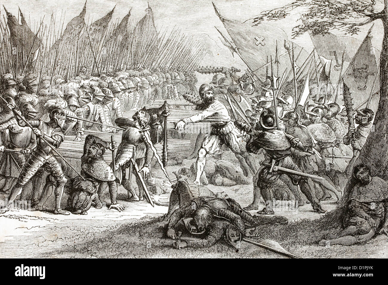 Schlacht von Sempach (Schweiz), 9. Juli 1386. Antike Darstellung, 1855. Stockfoto