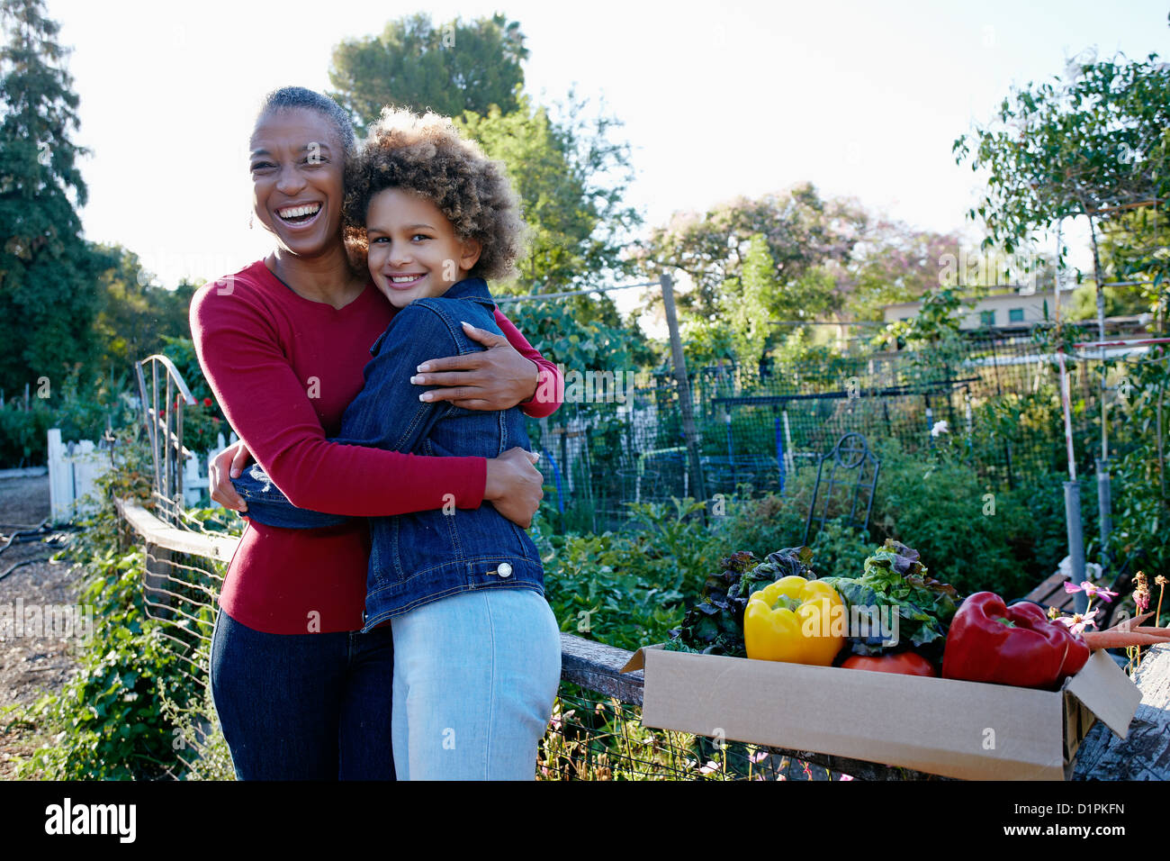 Mutter und Tochter sammeln Gemüse im Gemeinschaftsgarten Stockfoto