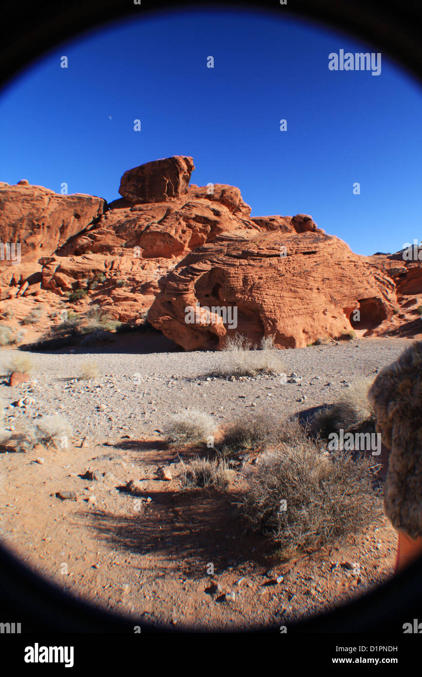 Fisheye, Wüste, Landschaft, Felsen, Nevada, rot, Canyon, Tal des Feuers, Vignette, Berge Stockfoto