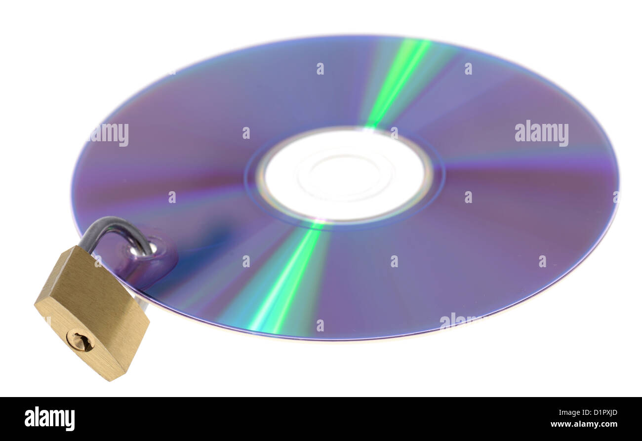 digitale Daten Sicherheit Konzept Vorhängeschloss verriegeln cd dvd isoliert auf weiss Stockfoto