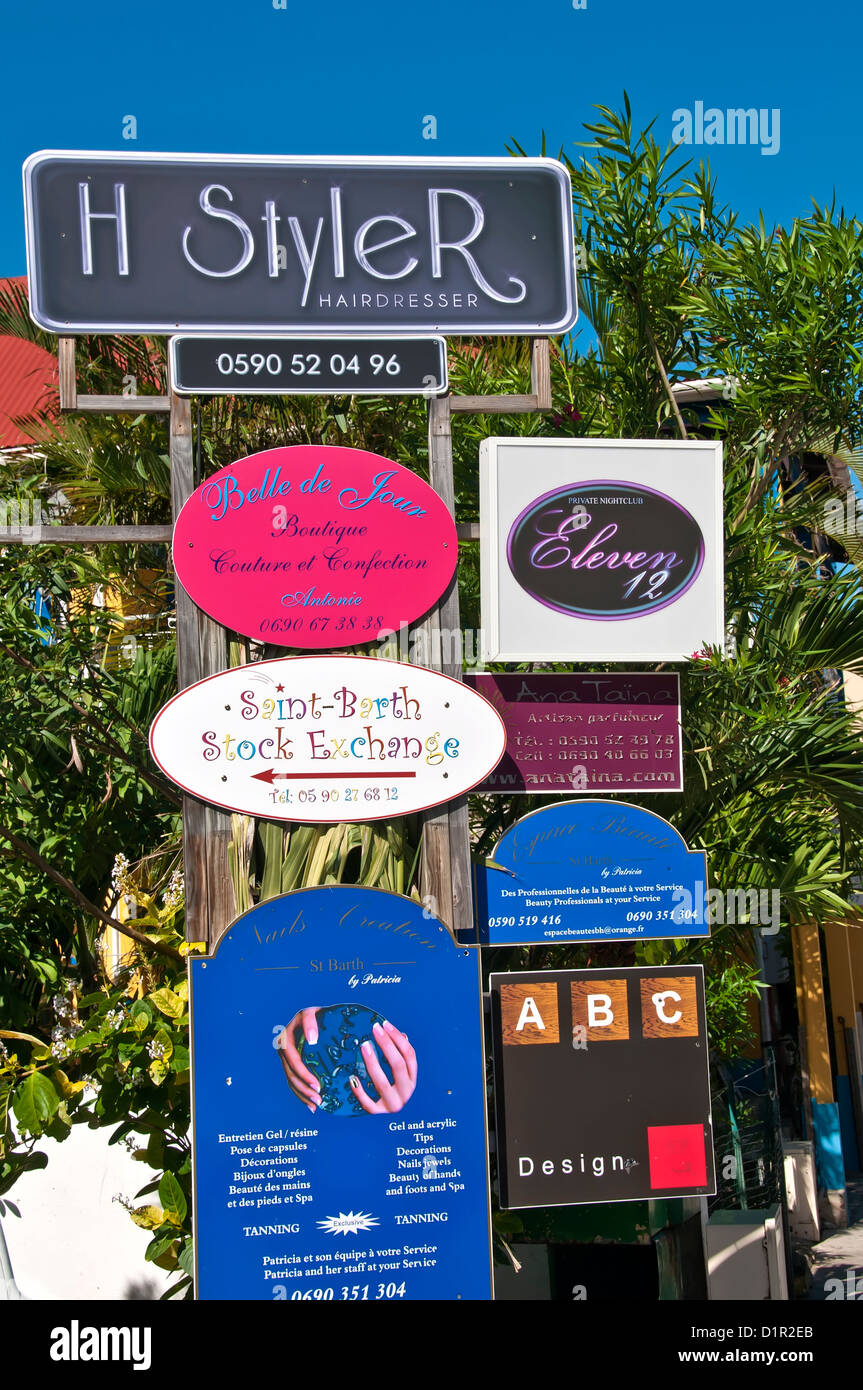 Anzeige von Shop und Geschäft Zeichen, Gustavia, Saint Barthelemy Stockfoto