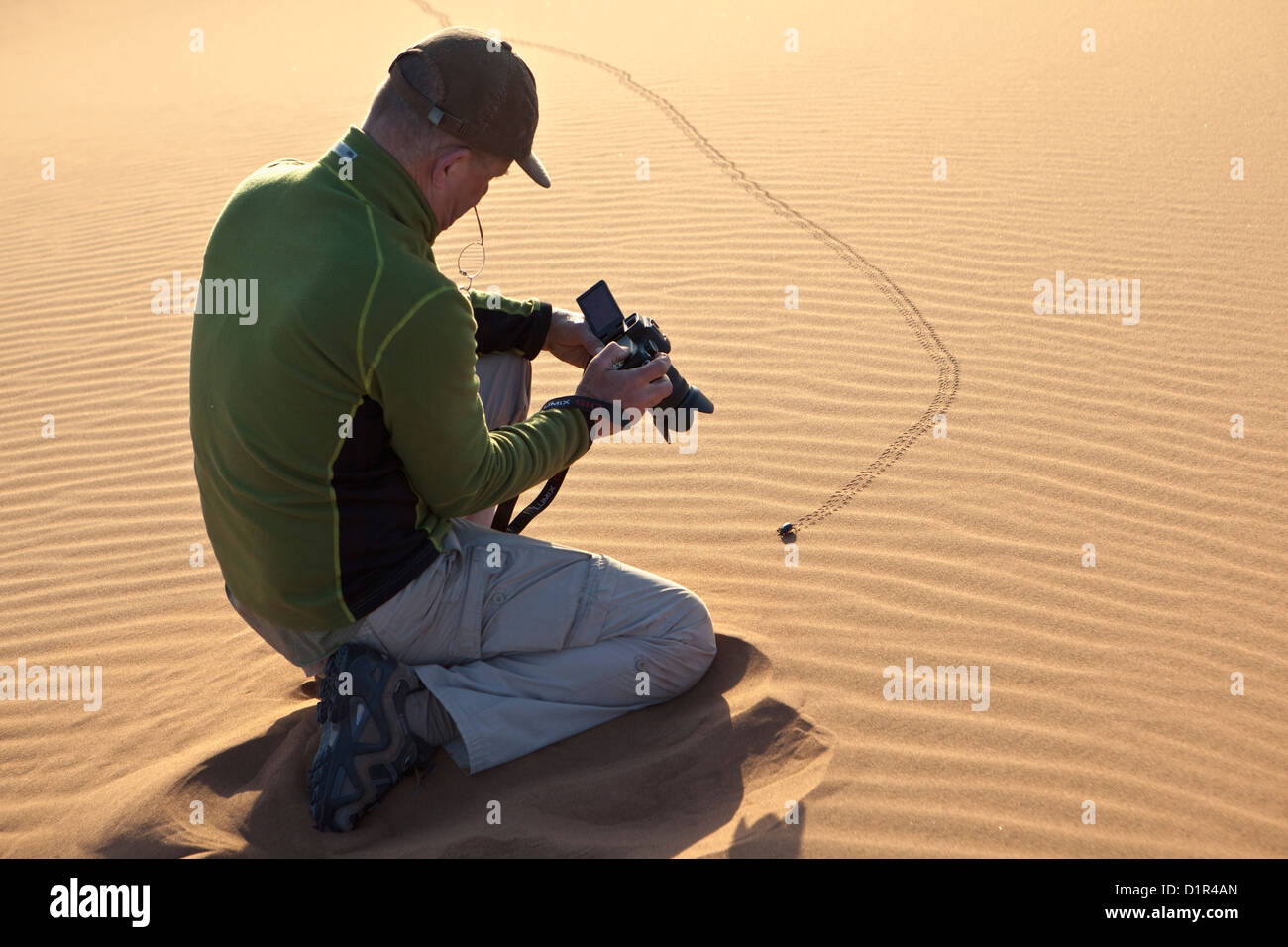 Marokko, M' Hamid, Erg Chigaga Dünen. Wüste Sahara. Touristischen Dreharbeiten Skarabäus-Käfer Stockfoto